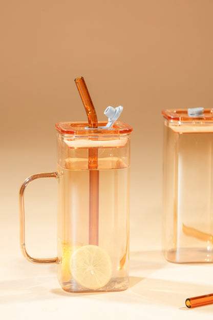 Amber Cube Glass Tumbler with Glass Lid & Glass Straw Set of 2 (380ml)