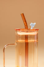 Amber Cube Glass Tumbler with Glass Lid & Glass Straw Set of 2 (380ml)