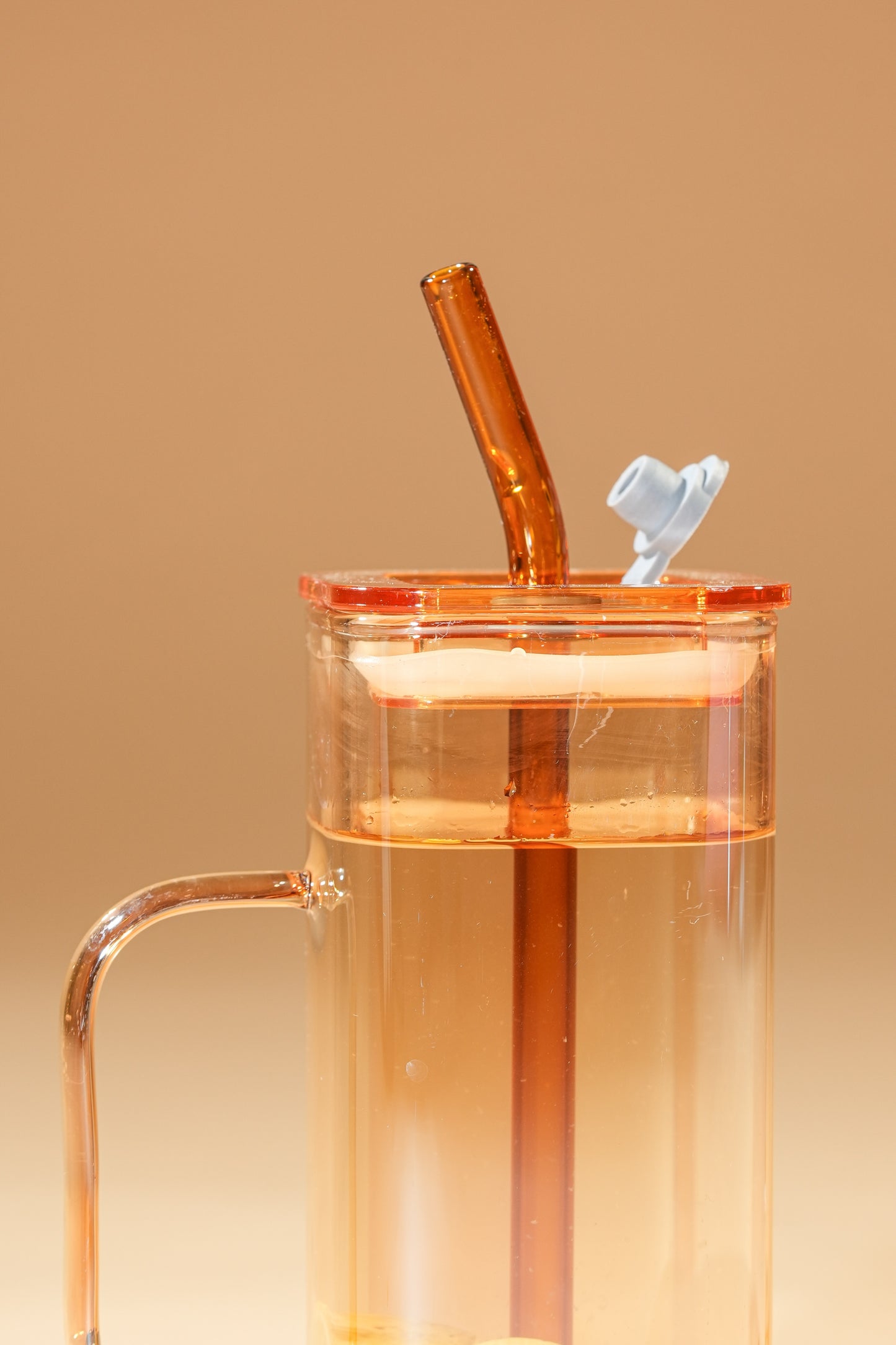 Amber Cube Glass Tumbler with Glass Lid & Glass Straw Set of 2 (380ml)