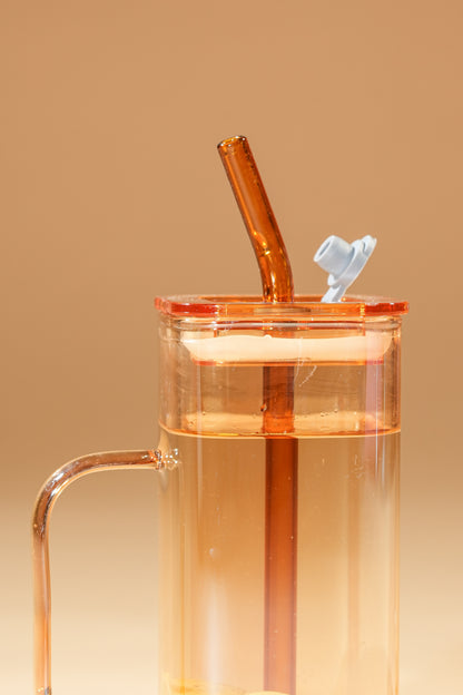 Amber Cube Glass Tumbler with Glass Lid & Glass Straw Set of 2 (380ml)