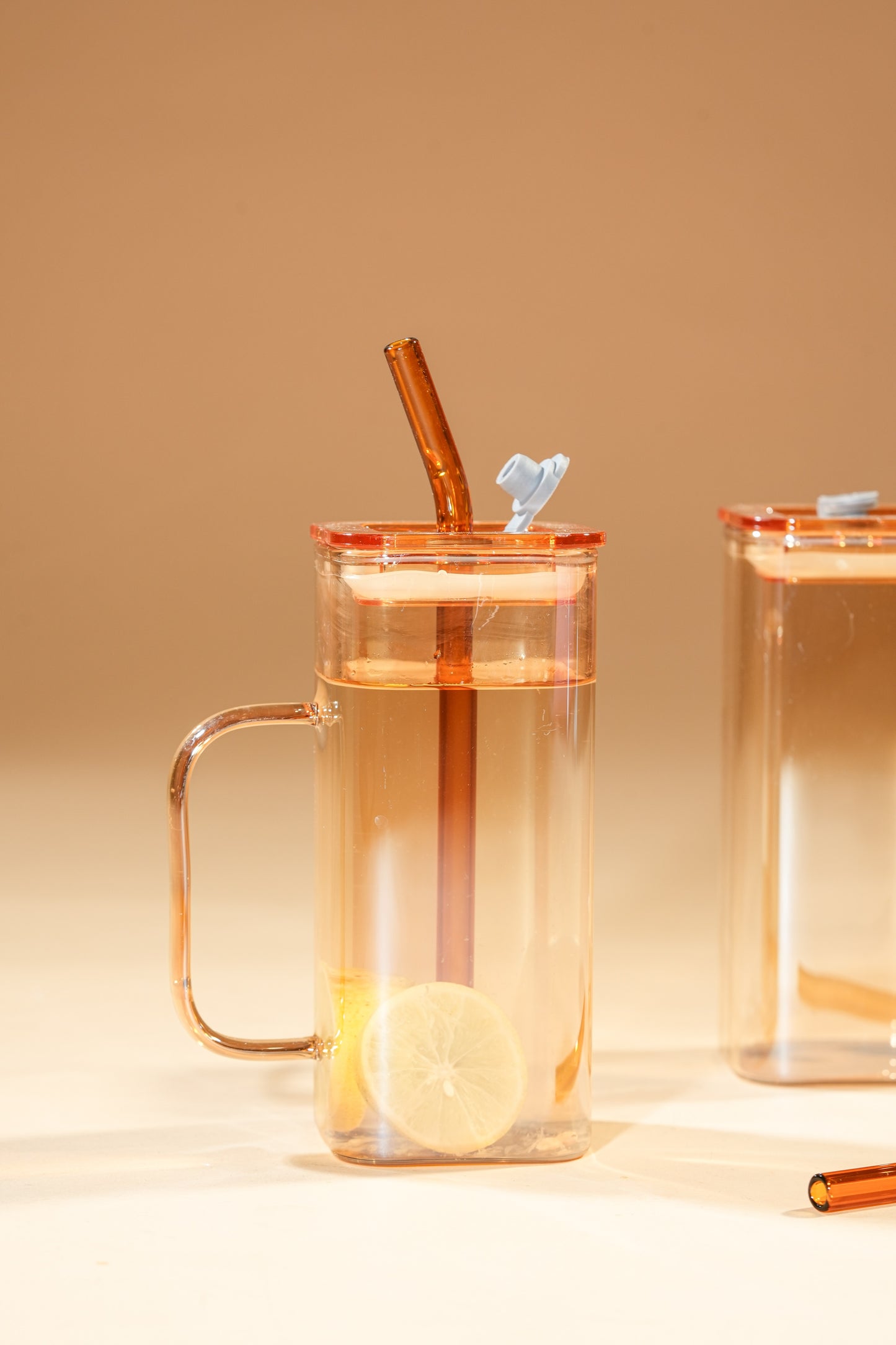 Amber Cube Glass Tumbler with Glass Lid & Glass Straw Set of 2 (380ml)