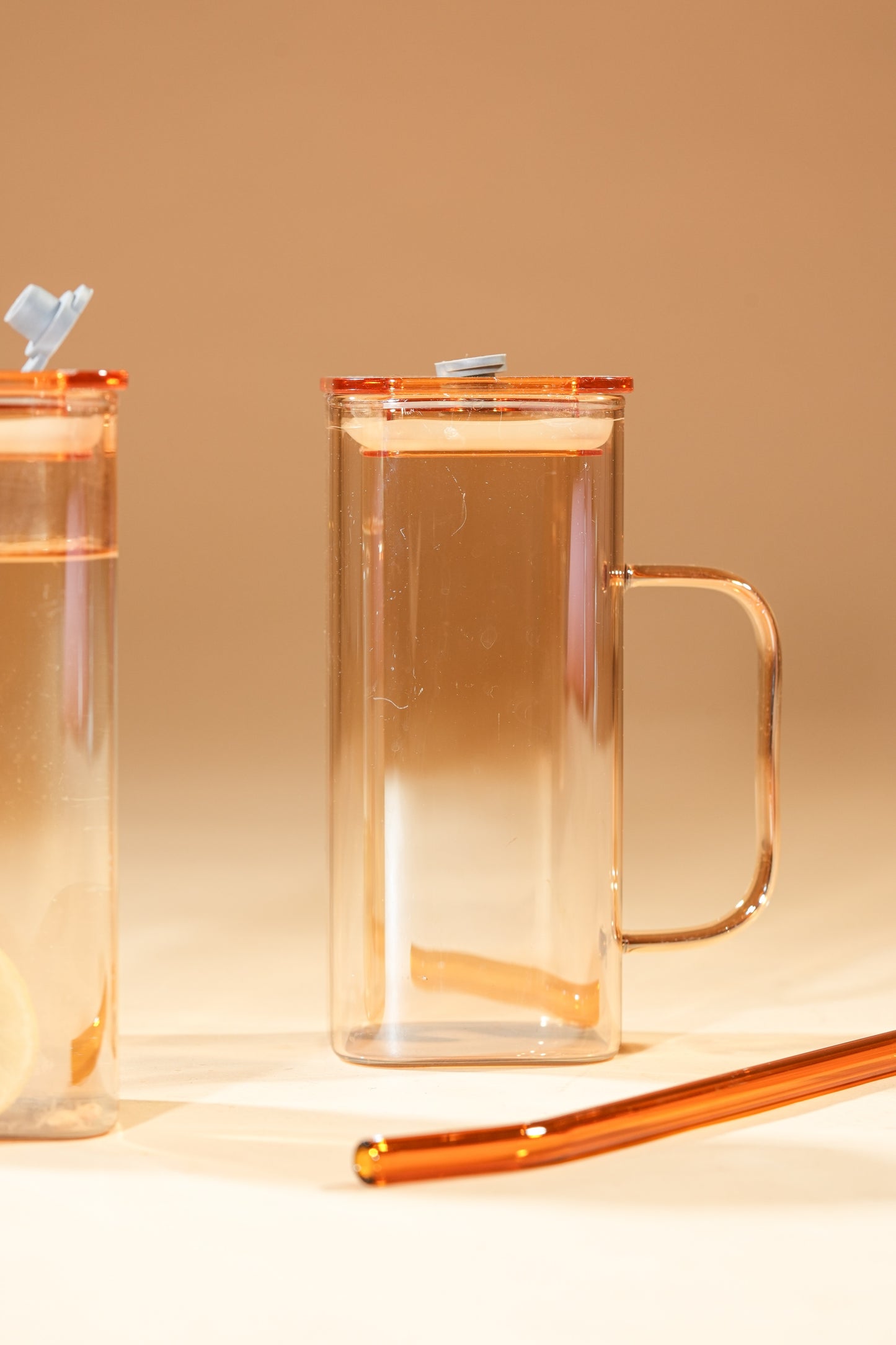 Amber Cube Glass Tumbler with Glass Lid & Glass Straw Set of 2 (380ml)