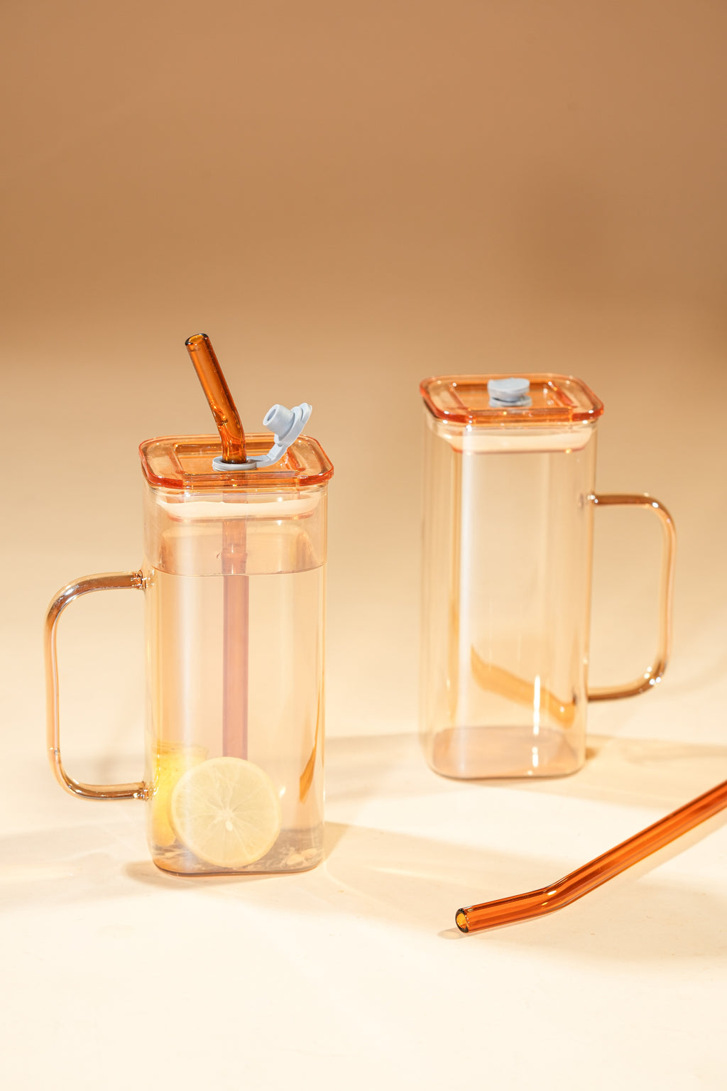 Amber Cube Glass Tumbler with Glass Lid & Glass Straw Set of 2 (380ml)