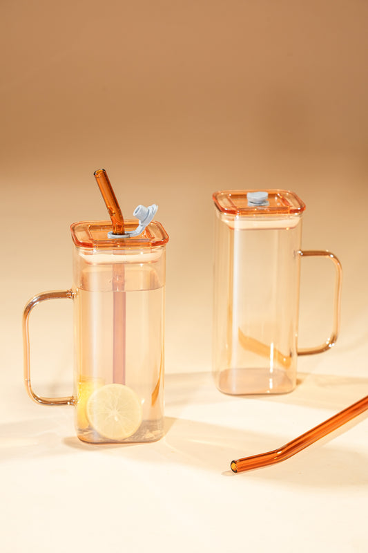 Amber Cube Glass Tumbler with Glass Lid & Glass Straw Set of 2 (380ml)