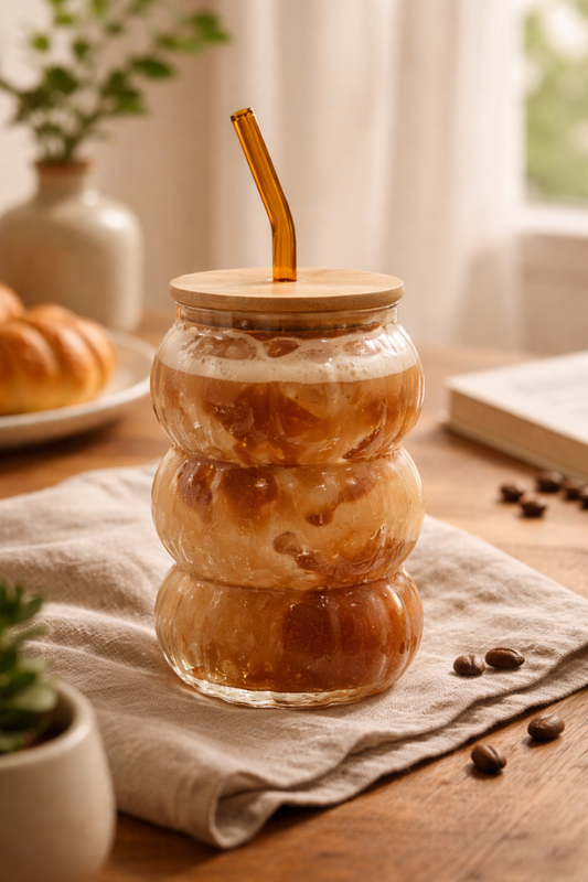 Amber Hive 2.0 Glass Tumbler with Wooden Lid & Glass Straw Set of 2 (600ml)