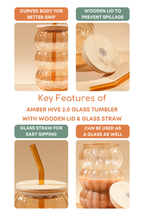 Amber Hive 2.0 Glass Tumbler with Wooden Lid & Glass Straw Set of 2 (600ml)