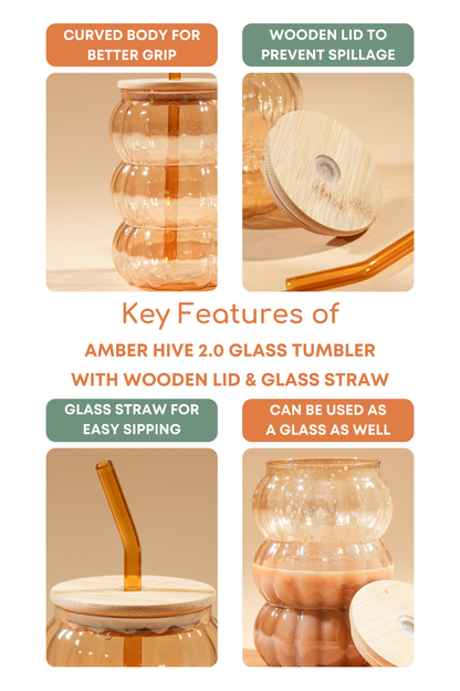 Amber Hive 2.0 Glass Tumbler with Wooden Lid & Glass Straw Set of 2 (600ml)
