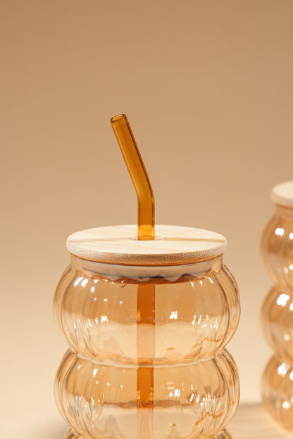 Amber Hive 2.0 Glass Tumbler with Wooden Lid & Glass Straw Set of 2 (600ml)