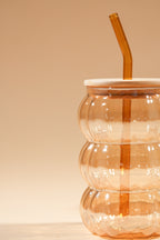 Amber Hive 2.0 Glass Tumbler with Wooden Lid & Glass Straw Set of 2 (600ml)