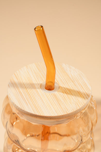 Amber Hive 2.0 Glass Tumbler with Wooden Lid & Glass Straw Set of 2 (600ml)