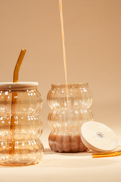 Amber Hive 2.0 Glass Tumbler with Wooden Lid & Glass Straw Set of 2 (600ml)
