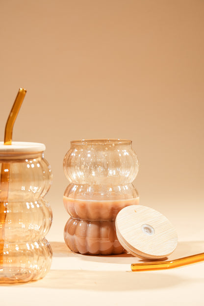 Amber Hive 2.0 Glass Tumbler with Wooden Lid & Glass Straw Set of 2 (600ml)