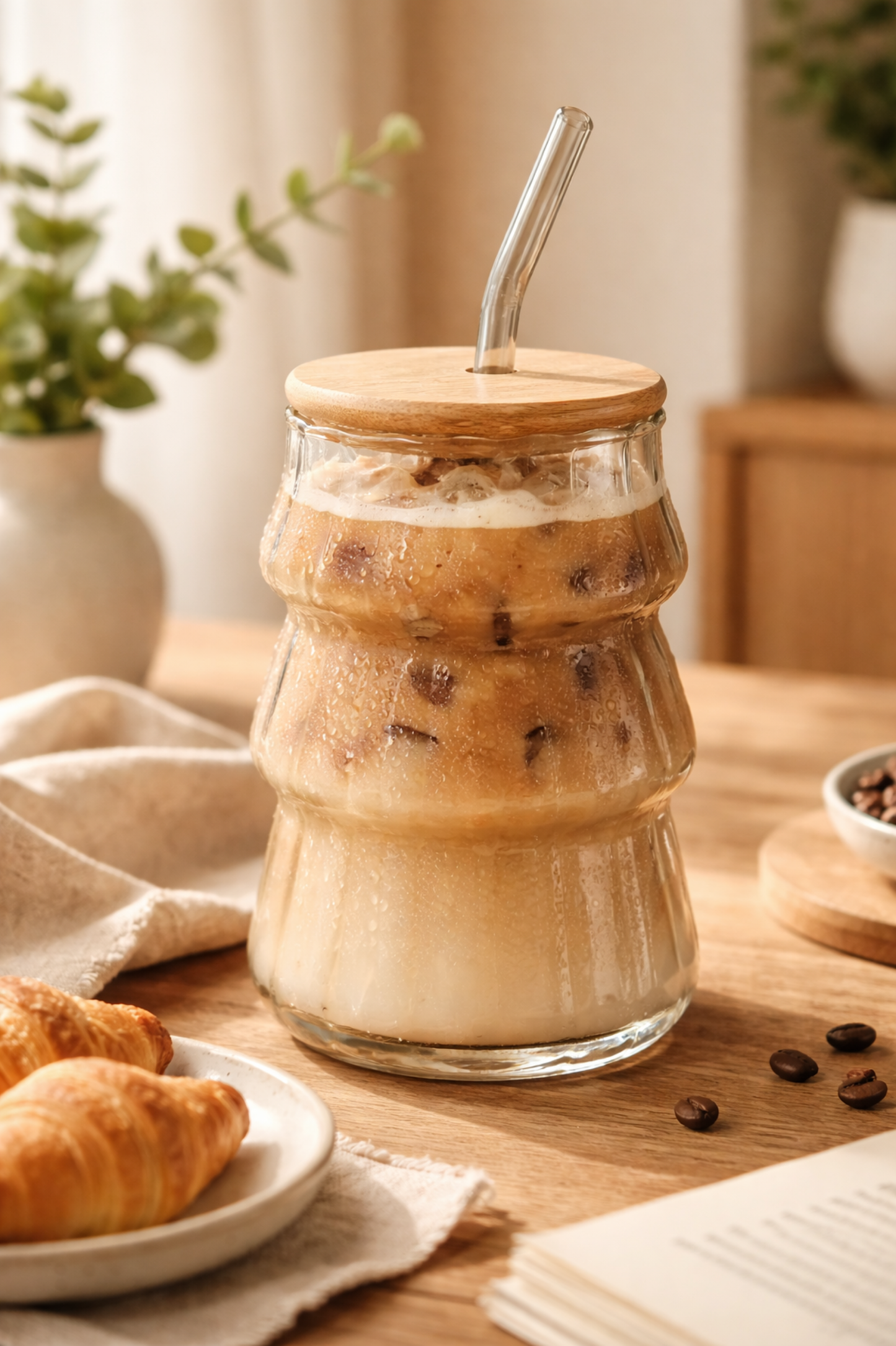 Smoke Ripple Glass Tumbler with Wooden Lid & Glass Straw Set of 2 (480ml)