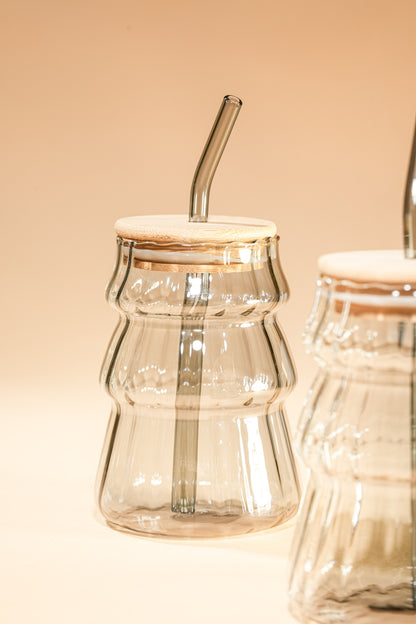Smoke Ripple Glass Tumbler with Wooden Lid & Glass Straw Set of 2 (480ml)