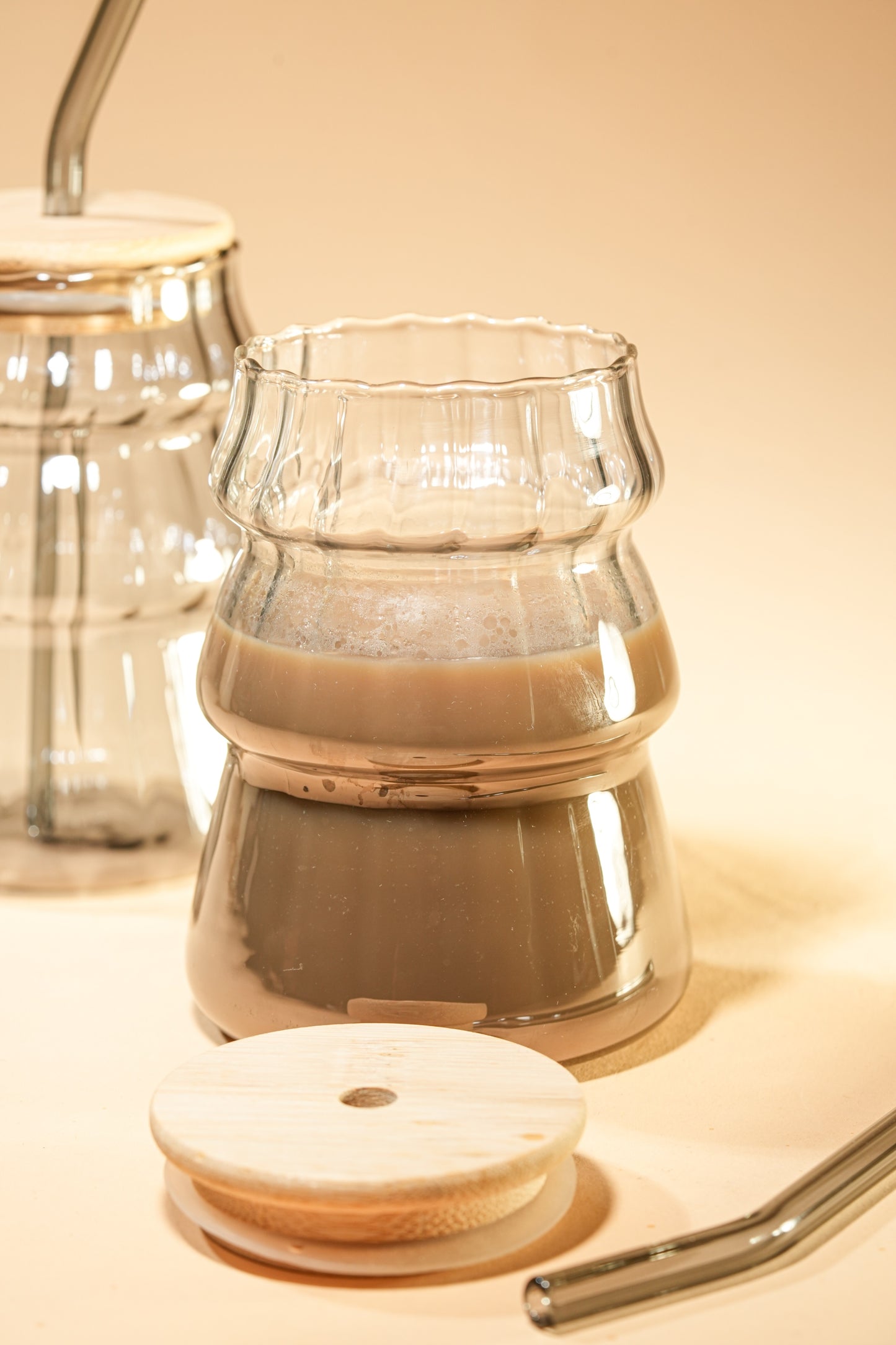 Smoke Ripple Glass Tumbler with Wooden Lid & Glass Straw Set of 2 (480ml)