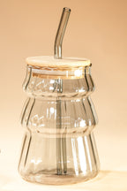 Smoke Ripple Glass Tumbler with Wooden Lid & Glass Straw Set of 2 (480ml)