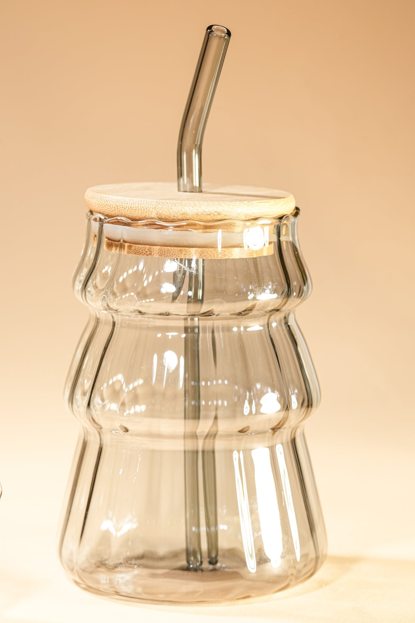 Smoke Ripple Glass Tumbler with Wooden Lid & Glass Straw Set of 2 (480ml)