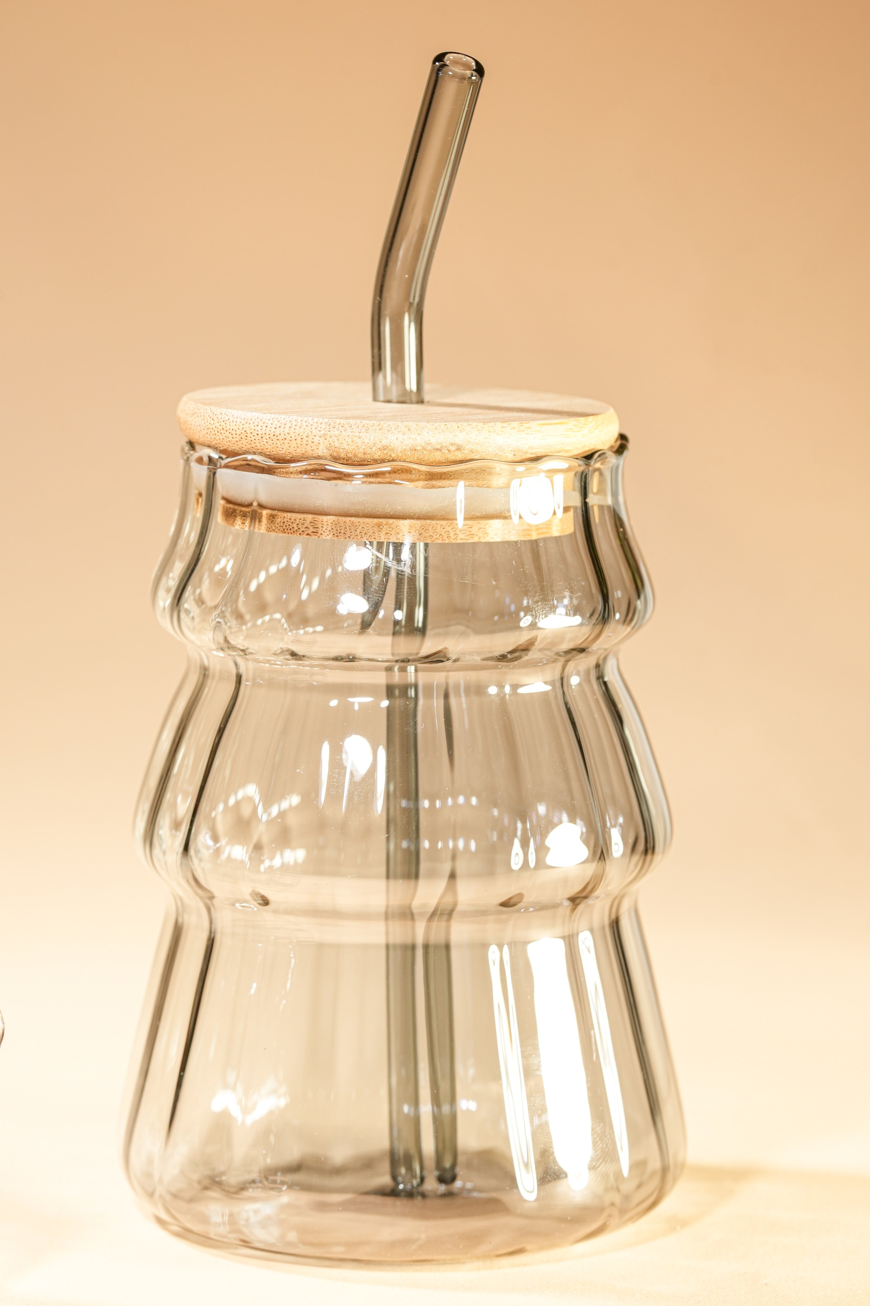 Smoke Ripple Glass Tumbler with Wooden Lid & Glass Straw Set of 2 (480ml)
