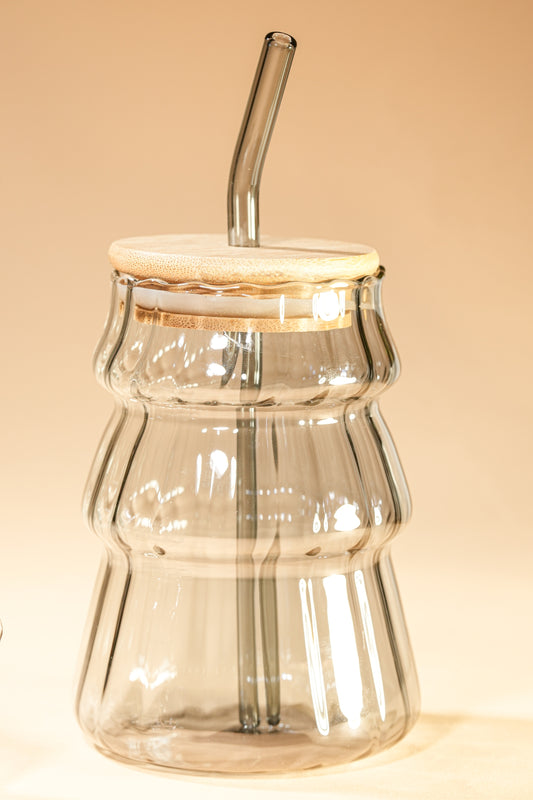 Smoke Ripple Glass Tumbler with Wooden Lid & Glass Straw Set of 2 (480ml)
