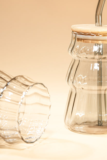 Smoke Ripple Glass Tumbler with Wooden Lid & Glass Straw Set of 2 (480ml)