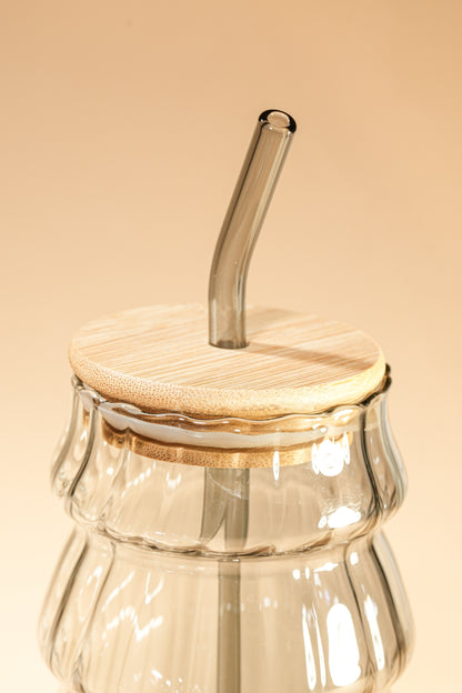 Smoke Ripple Glass Tumbler with Wooden Lid & Glass Straw Set of 2 (480ml)