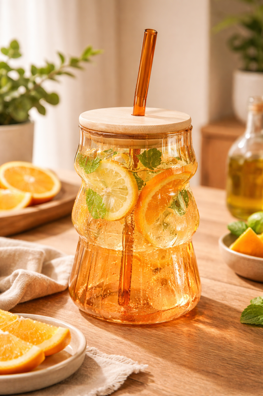 Amber Ripple Glass Tumbler with Wooden Lid & Glass Straw Set of 2 (480ml)