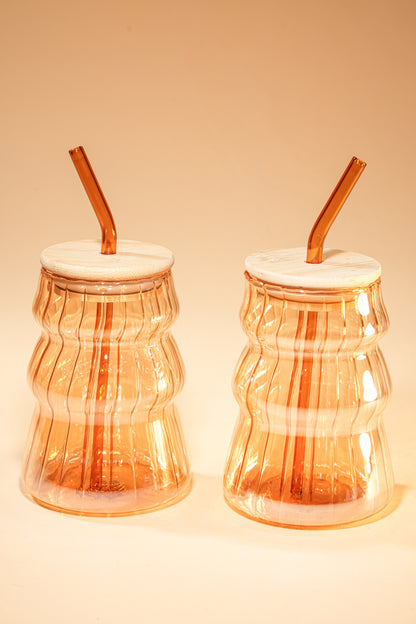 Amber Ripple Glass Tumbler with Wooden Lid & Glass Straw Set of 2 (480ml)