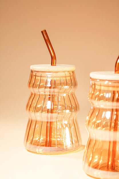 Amber Ripple Glass Tumbler with Wooden Lid & Glass Straw Set of 2 (480ml)