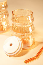 Amber Ripple Glass Tumbler with Wooden Lid & Glass Straw Set of 2 (480ml)