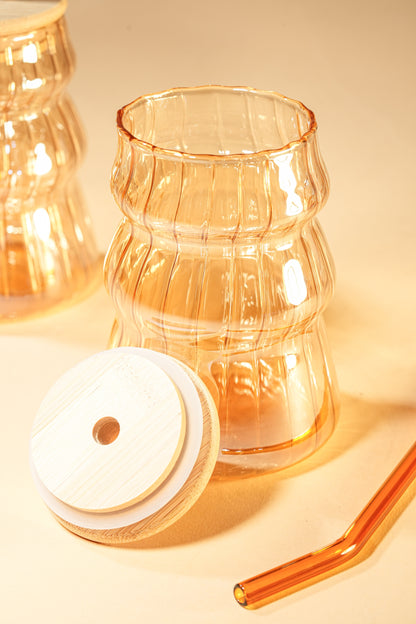 Amber Ripple Glass Tumbler with Wooden Lid & Glass Straw Set of 2 (480ml)