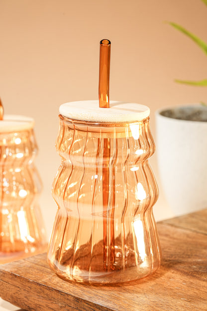 Amber Ripple Glass Tumbler with Wooden Lid & Glass Straw Set of 2 (480ml)