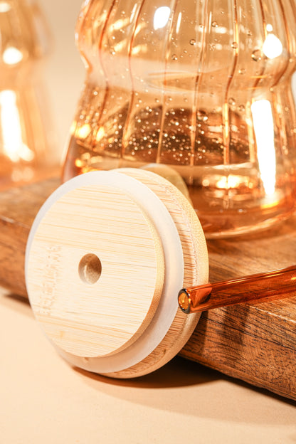 Amber Ripple Glass Tumbler with Wooden Lid & Glass Straw Set of 2 (480ml)