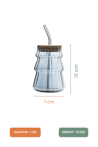 Smoke Ripple Glass Tumbler with Wooden Lid & Glass Straw Set of 2 (480ml)