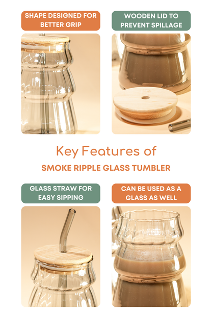 Smoke Ripple Glass Tumbler with Wooden Lid & Glass Straw Set of 2 (480ml)