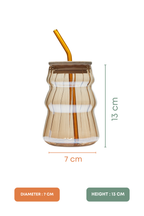 Amber Ripple Glass Tumbler with Wooden Lid & Glass Straw Set of 2 (480ml)