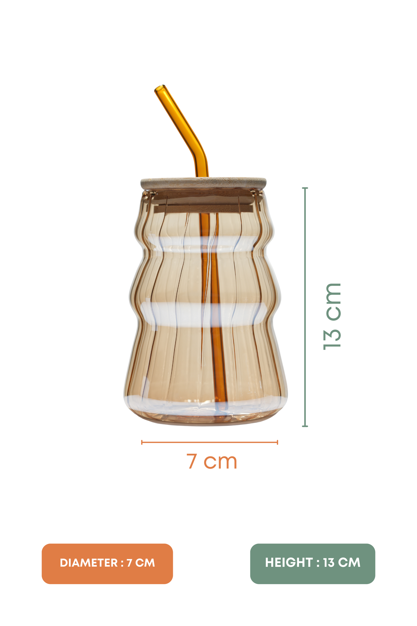Amber Ripple Glass Tumbler with Wooden Lid & Glass Straw Set of 2 (480ml)