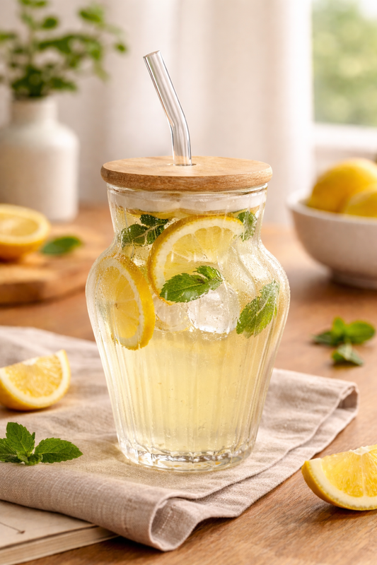 Vase Glass Tumbler with Wooden Lid & Glass Straw Set of 2 (450ml)
