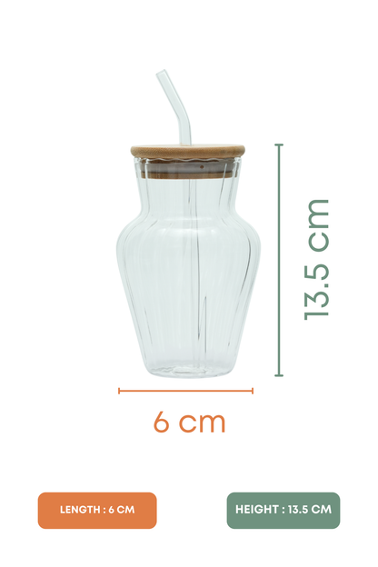 Vase Glass Tumbler with Wooden Lid & Glass Straw Set of 2 (450ml)