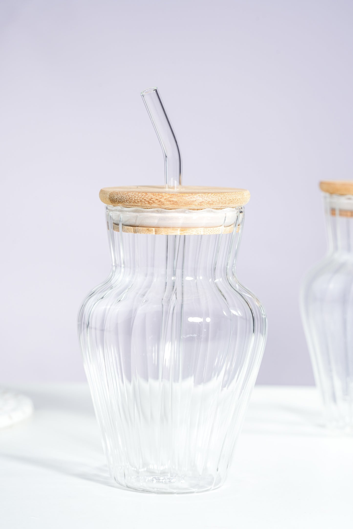 Vase Glass Tumbler with Wooden Lid & Glass Straw Set of 2 (450ml)