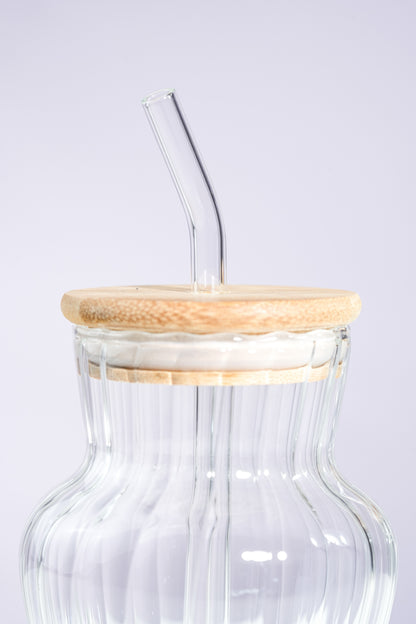 Vase Glass Tumbler with Wooden Lid & Glass Straw Set of 2 (450ml)