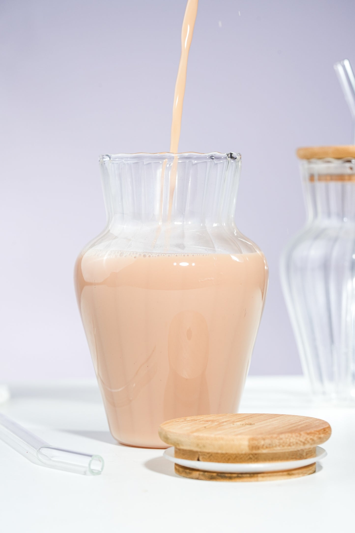 Vase Glass Tumbler with Wooden Lid & Glass Straw Set of 2 (450ml)