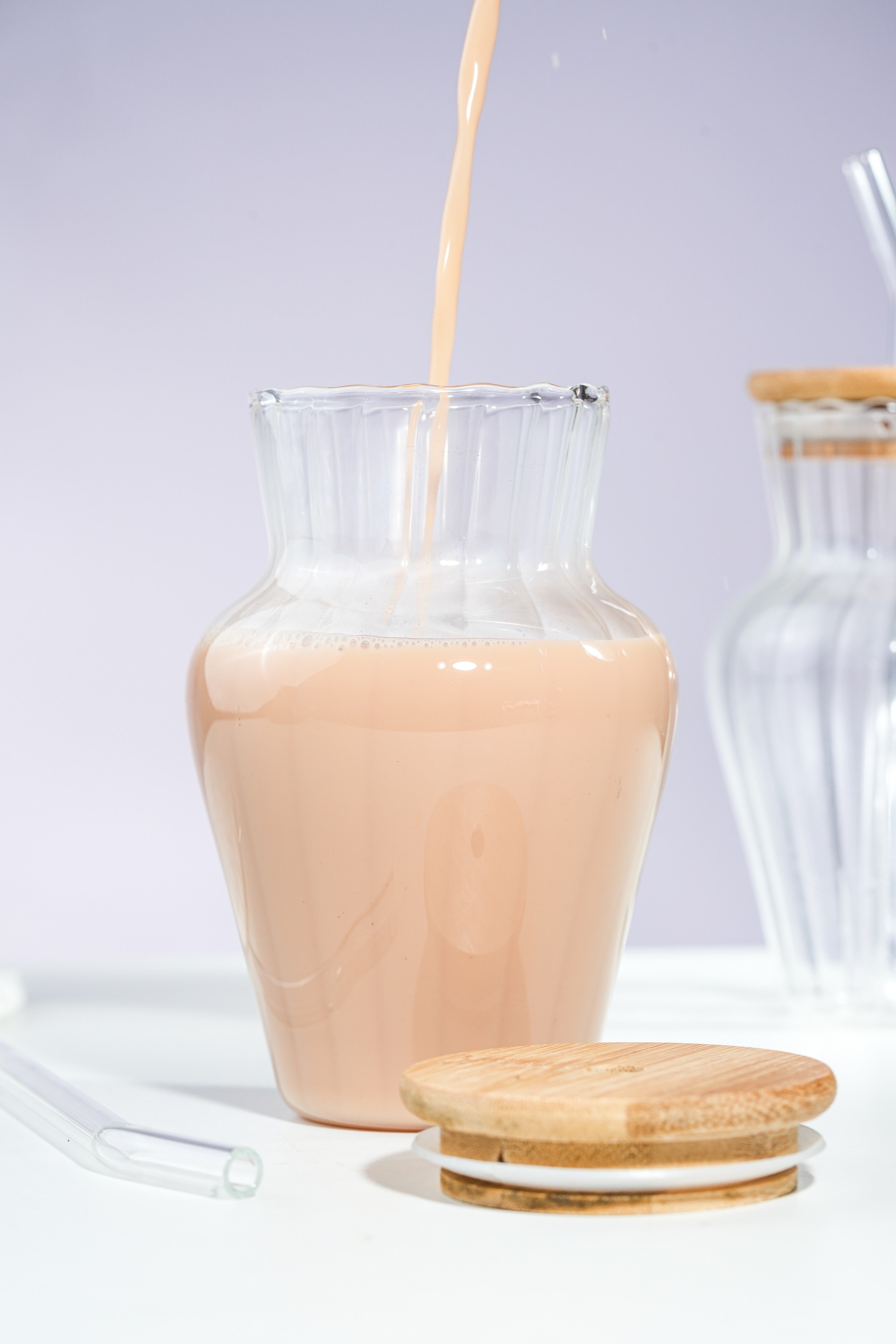 Vase Glass Tumbler with Wooden Lid & Glass Straw Set of 2 (450ml)