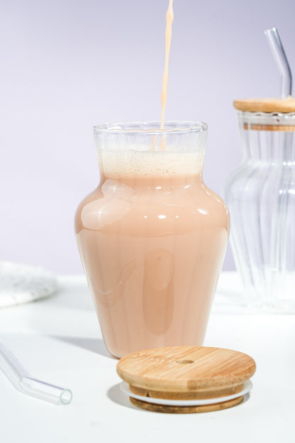 Vase Glass Tumbler with Wooden Lid & Glass Straw Set of 2 (450ml)