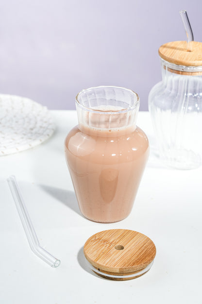 Vase Glass Tumbler with Wooden Lid & Glass Straw Set of 2 (450ml)