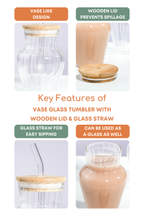 Vase Glass Tumbler with Wooden Lid & Glass Straw Set of 2 (450ml)