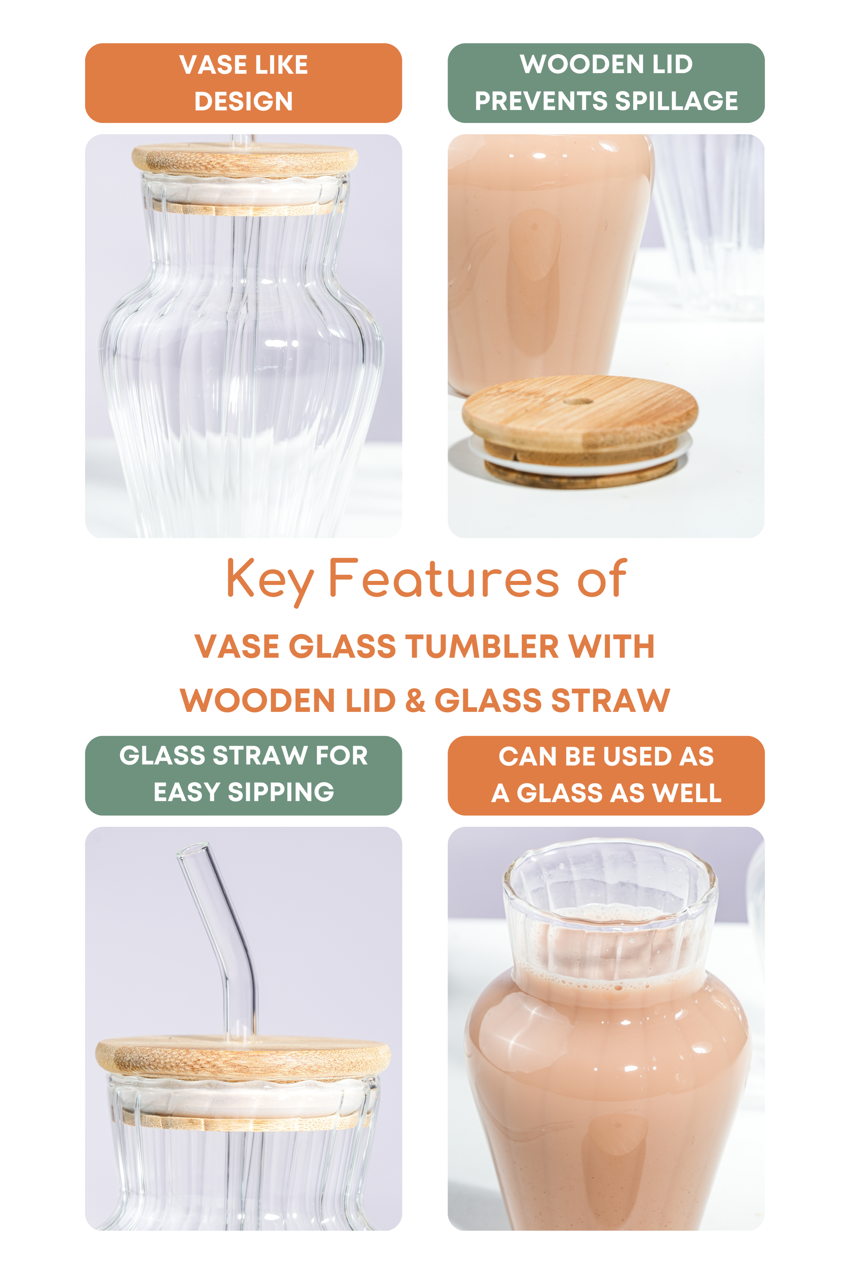 Vase Glass Tumbler with Wooden Lid & Glass Straw Set of 2 (450ml)