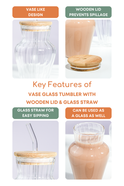 Vase Glass Tumbler with Wooden Lid & Glass Straw Set of 2 (450ml)