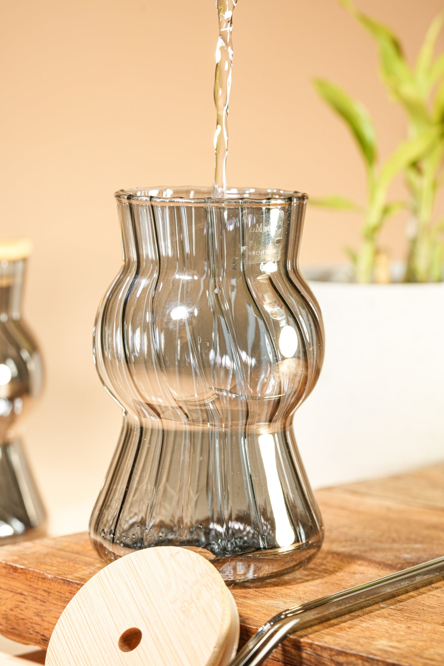 Smoke Wave Glass Tumbler with Wooden Lid & Glass Straw Set of 2 (480ml)