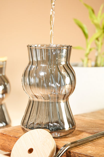 Smoke Wave Glass Tumbler with Wooden Lid & Glass Straw Set of 2 (480ml)