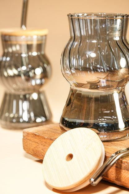 Smoke Wave Glass Tumbler with Wooden Lid & Glass Straw Set of 2 (480ml)